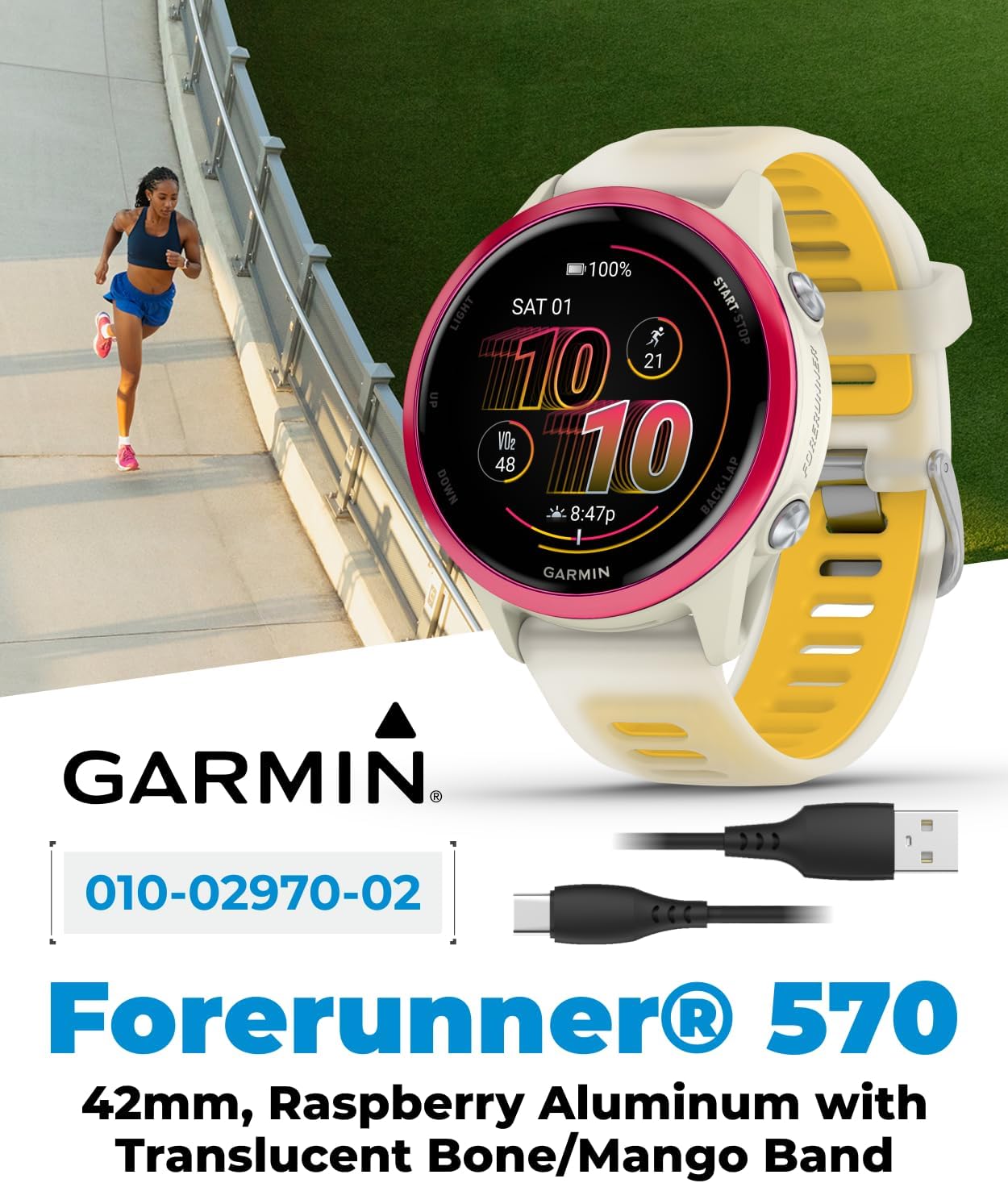 Garmin Forerunner 570 42mm Advanced GPS Running & Triathlon Smartwatch AMOLED Display Training & Recovery Features, Raspberry Aluminum w/Translucent Bone/Mango Band w/ Wearable4U Black Earbuds Bundle