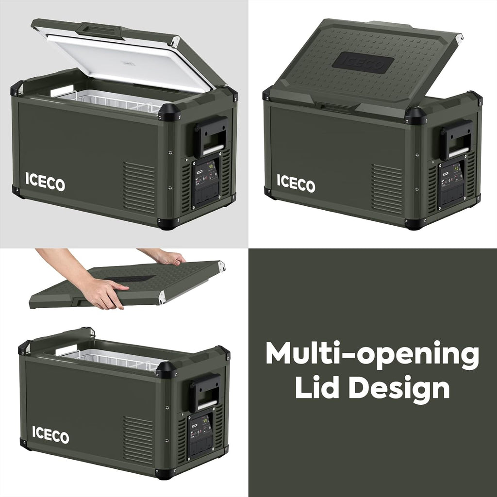 ICECO VL35 ProS Portable Fridge with Multi-directional Lid, 35 Liters 12V Refrigerator Freezer with SECOP Compressor, 0℉-50℉, DC 12/24V, AC 110-240V, for Camping, Car (VL35 ProS Olive Green+Cover)