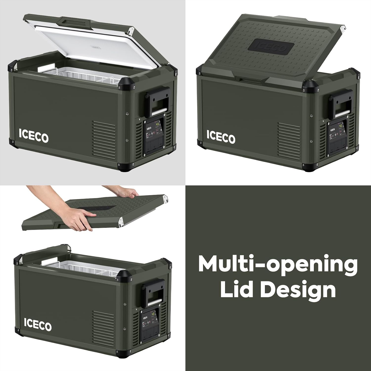 ICECO VL35 ProS Portable Fridge with Multi-directional Lid, 35 Liters 12V Refrigerator Freezer with SECOP Compressor, 0℉-50℉, DC 12/24V, AC 110-240V, for Camping, Car (VL35 ProS Olive Green+Cover)