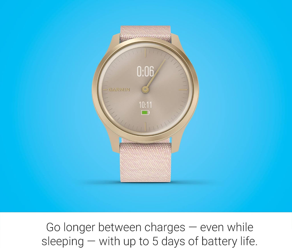 Garmin vivomove Style, Hybrid Smartwatch with Real Watch Hands and Hidden Color Touchscreen Displays, Gold with Pink Woven Nylon Band