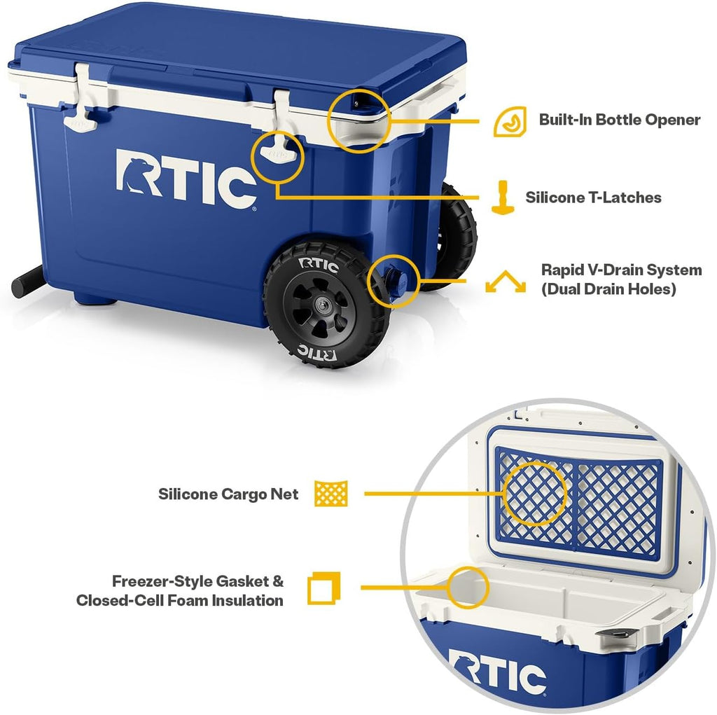RTIC 52 Quart Ultra-Light Wheeled Hard Cooler Insulated Portable Ice Chest Box for Beach, Drink, Beverage, Camping, Picnic, Fishing, Boat, Barbecue, 30% Lighter Than Rotomolded Coolers