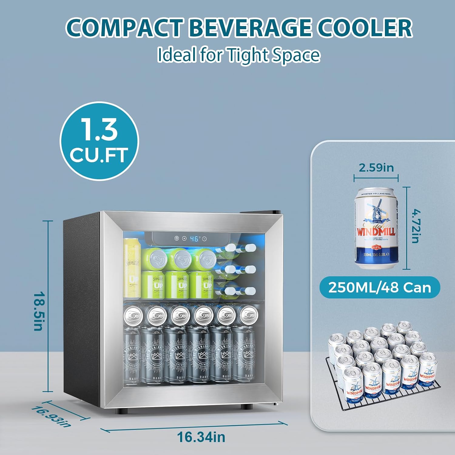 Electactic 48 Can Beverage Refrigerator,12 Bottle Wine Cooler with Stainless Steel Glass Door, Digital Temperature Display, Countertop Mini Fridge for Soda, Wine or Beer, Silver