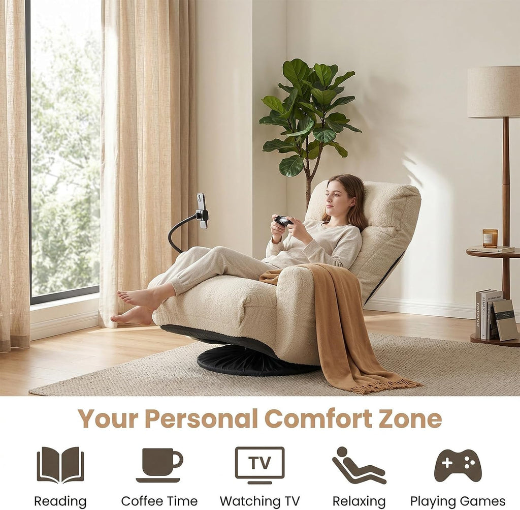 Cozy Gaming Chair Floor Sofa, 360° Swivel Gaming Lounge Chair with Adjustable Backrest & Armrests, Game Chair w/Phone Holder & Side Pocket, Teddy Fluffy Recliner for Bedroom Living Room Dorm (Beige)