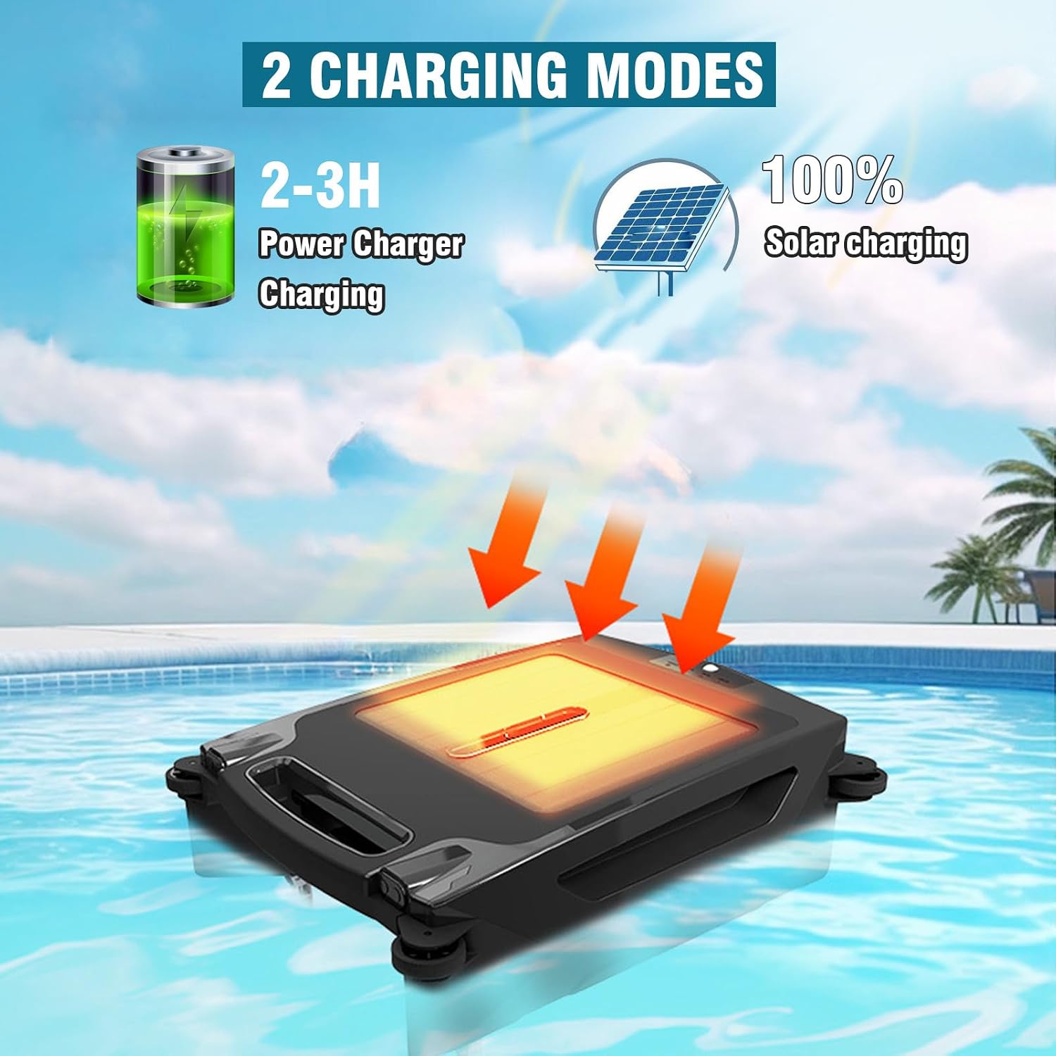 Solar Powered Robotic Pool Skimmer Cleaner, 5 Hours Runtime, Auto Obstacle Avoidance, Dual Charging (Solar/Adapter), IPX7 for Pools Up to 860 SQ/FT