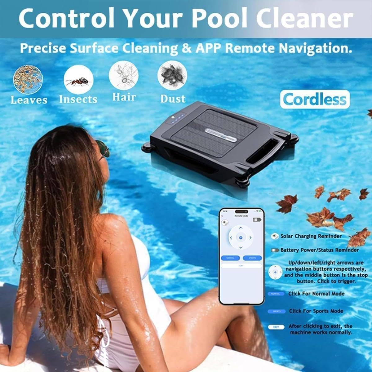Robotic Solar Pool Skimmer Cleaner, Solar Powered Automatic Robotic Pool Surface Skimmer Cleaner with Dual Charging Mode ＆ Smart Obstacle Avoidance, for Pools up to 1076 Sq/Ft