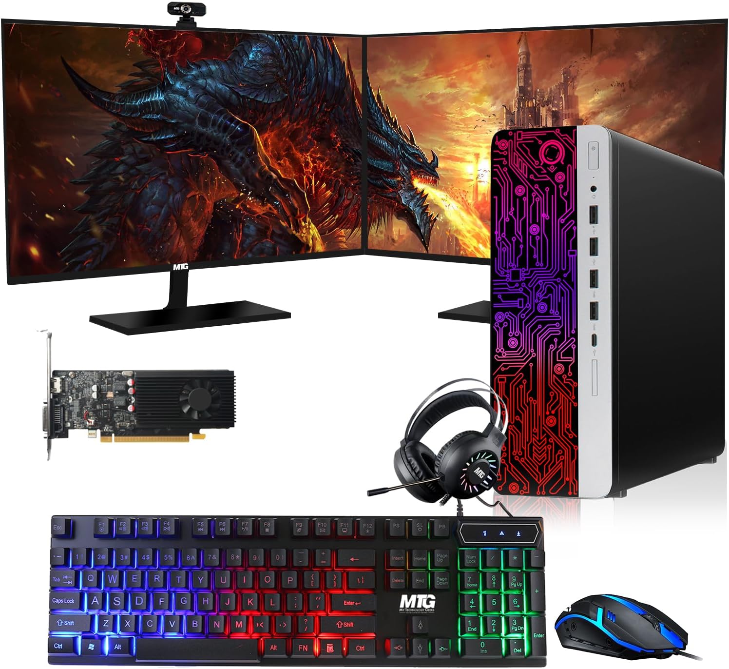TechMagnet HP G3 Gaming Desktop PC, Intel Core i7 6th Gen, GT 1030 Graphics, 16GB RAM, 240GB SSD | 2TB HDD, RGB Keyboard Mouse, RGB Headphone, Webcam, Dual 27 inch Monitor Windows 11 Pro (Renewed)