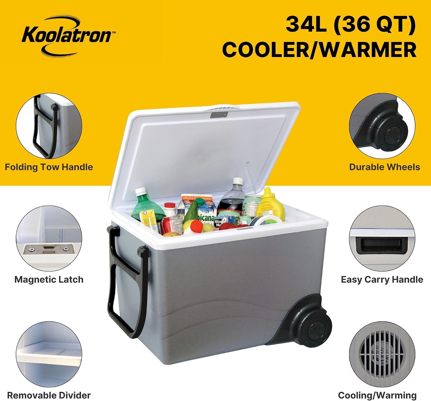 Koolatron Electric Portable Cooler Plug in 12V Car Cooler/Warmer 36 qt (34 L) w/Wheels, No Ice Thermo Electric Portable Fridge for Camping, Travel Road Trips with 12 Volt DC Power Cord, Gray/White.