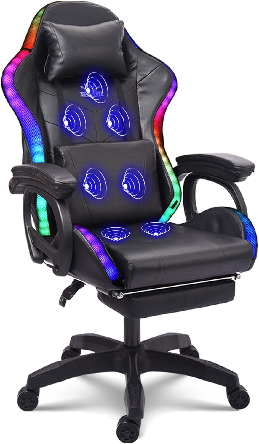 Video Game Chair with Speakers and RGB Lights, Massage Ergonomic Computer Gaming Chair with Footrest and Lumbar Support, 90°-135° Tilt Rocking Chair Gaming Chairs for Adults,Black