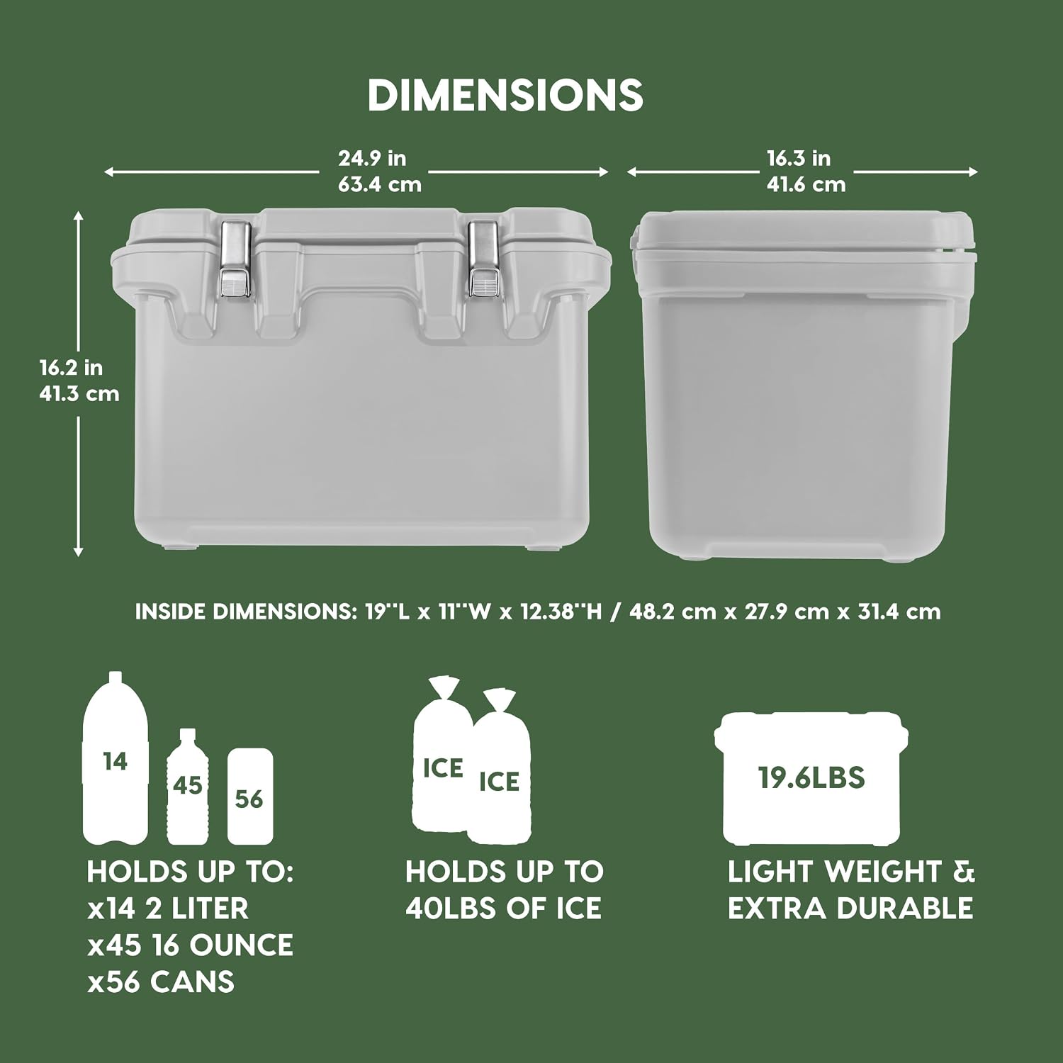 IRIS USA Hugel 44 QT Cooler, Heavy Duty Metal Buckles, Leak-Free Design, Durable Hard Cooler, Ice Chest with Bungee Strap, Molded Handles, Fishing Camping Boat Beach Tailgating Road Trips, Light Gray