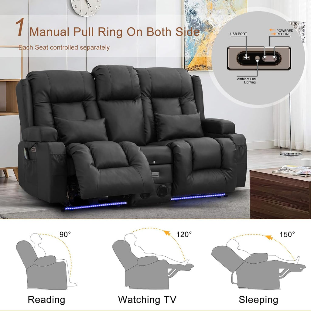 Loveseat Recliner Chair, Leather Sofa with Massage & Heating, Home Theater Seating with Console Power Recliner with Outlet/LED Light/Cup Holders/Speaker/USB Port (Black, Loveseat with Console)