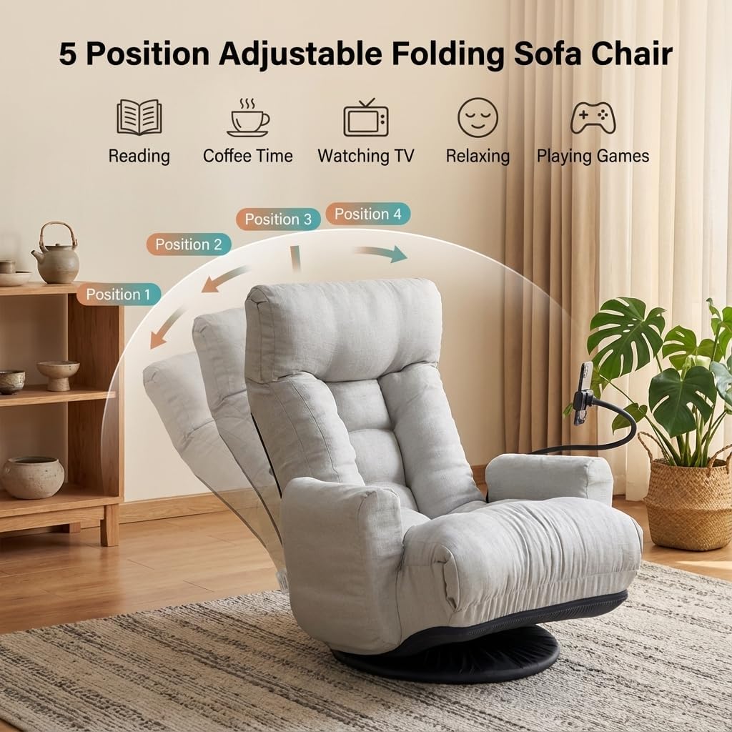 Gaming Chair Floor Sofa, Gaming Lounge Chair with 14-Section Head & 3-Section Waist Adjustment, 360° Swivel & Spring Seat for Gaming, Napping, Reading, Dorm, Small Apartment(Grey)