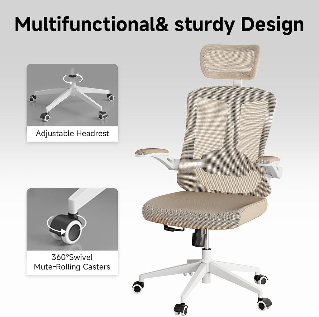 Ergonomic Office Chair with Adjustable Lumbar Support & Flip-Up Armrests - High Back Computer Desk Chair with Thickened Seat Cushion, Rolling Wheels for Home/Office Study Work (07khaki)