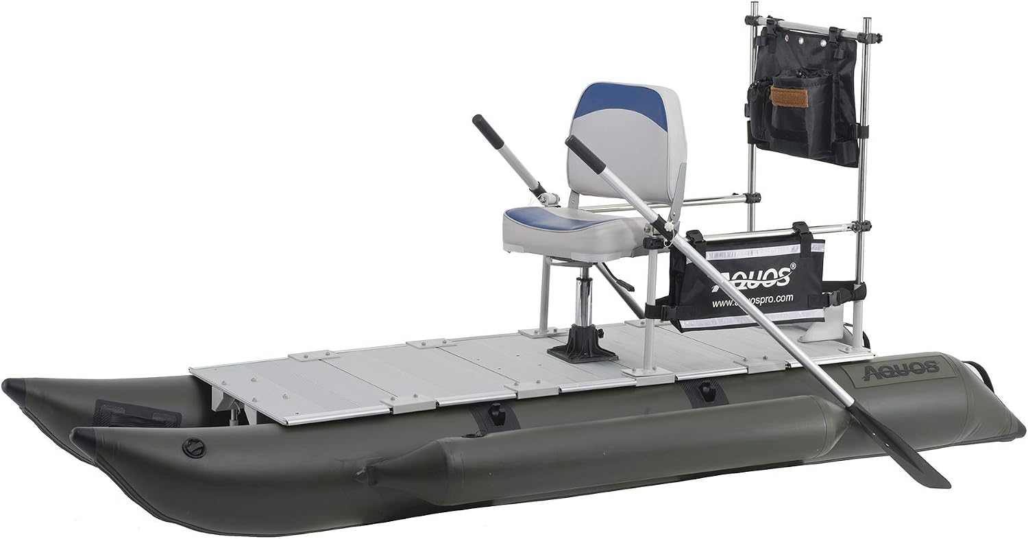 AQUOS Backpack Series 10.2 ft Inflatable Pontoon Boat with Stainless Steel Guard Bar and Folding Seat for One Person Fishing, Aluminum Floor Board, Transport Canada Approved