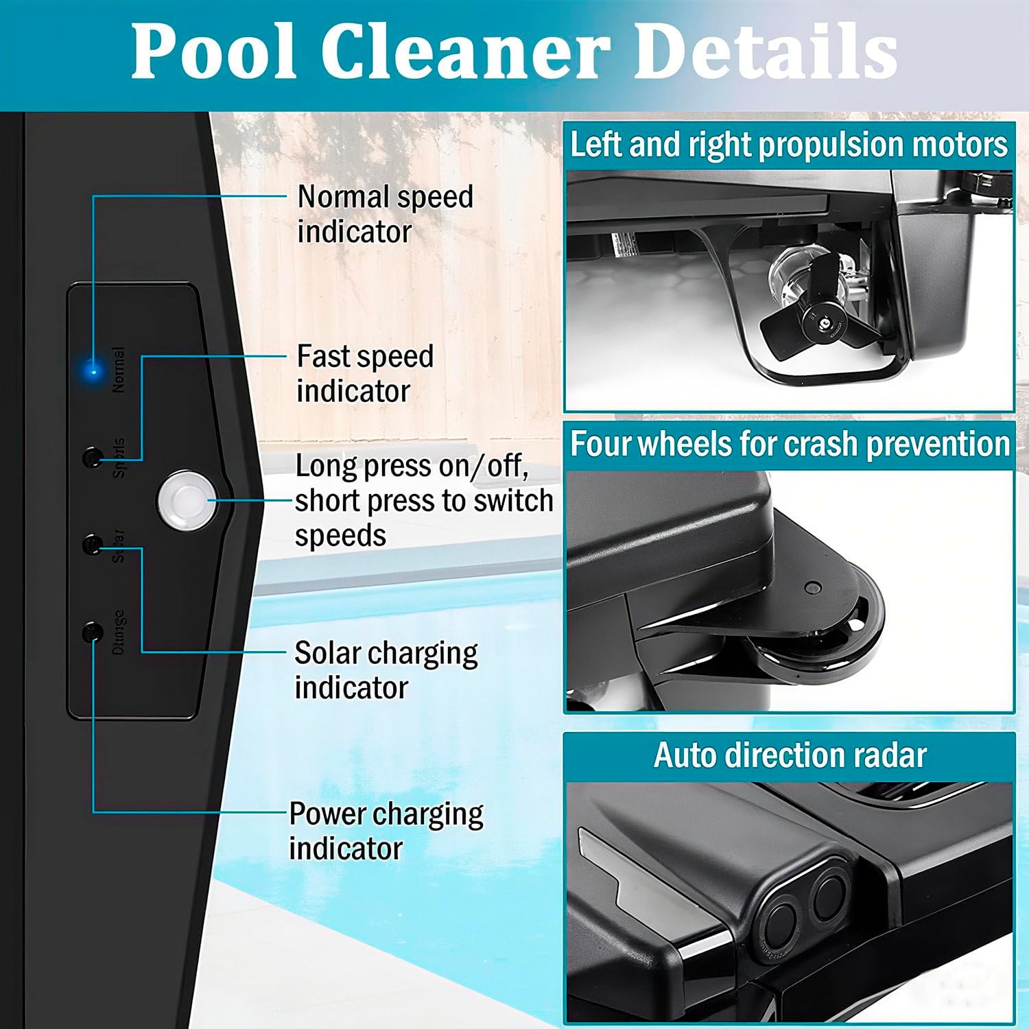 Solar Robotic Pool Sur-face Cleaner, with Dual Charging Mode ＆ Smart Obstacle Avoidance, App Control, 3.4l Large Debris Bag, for All Swimming Pool