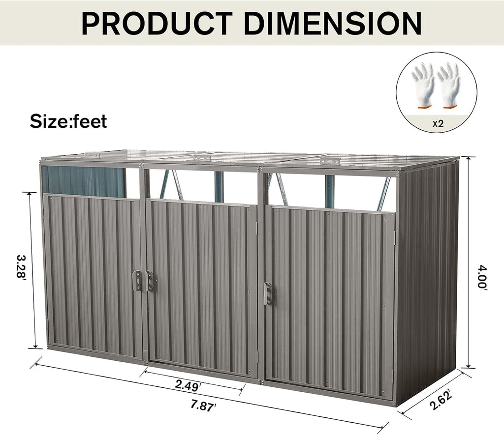 【LuckyNote】 Garbage Bin Shed Stores 3 Trash Cans Metal Outdoor Bin Shed for Garbage Storage,Stainless Galvanized Steel, Bin for Garden Yard Lawn,Grey