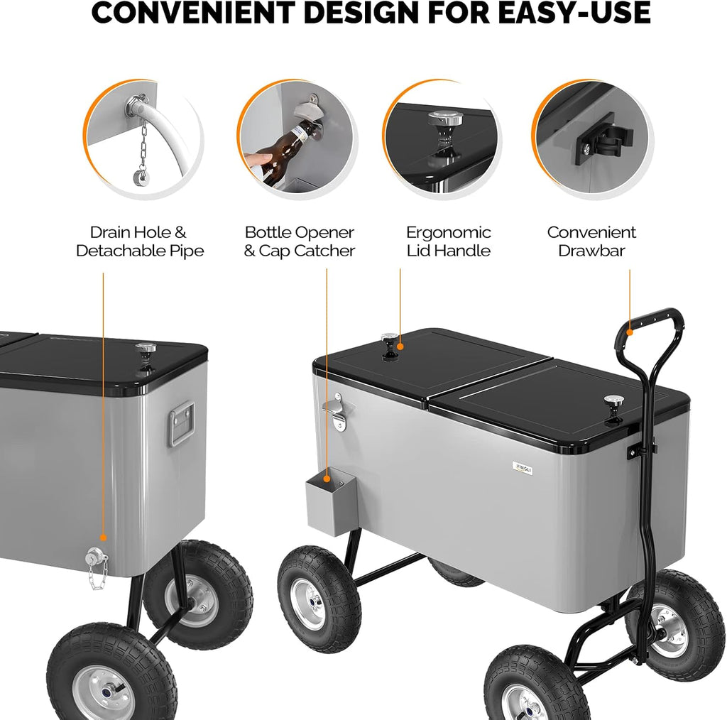 VINGLI 80 Quart Wagon Rolling Cooler Ice Chest, w/Long Handle and 10' Wheels, Portable Beach Patio Party Bar Cold Drink Beverage, Outdoor Park Cart on Wheels