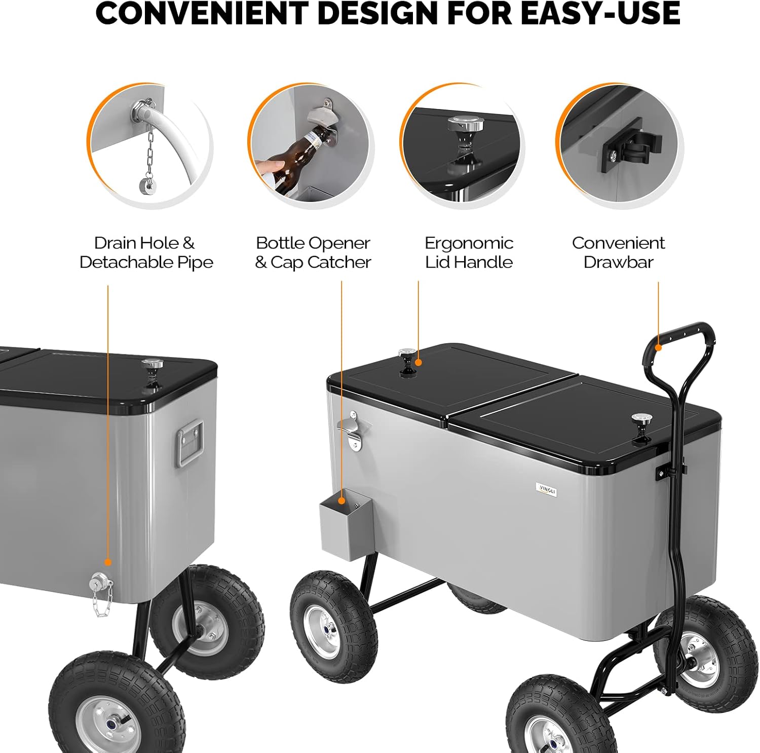 VINGLI 80 Quart Wagon Rolling Cooler Ice Chest, w/Long Handle and 10' Wheels, Portable Beach Patio Party Bar Cold Drink Beverage, Outdoor Park Cart on Wheels