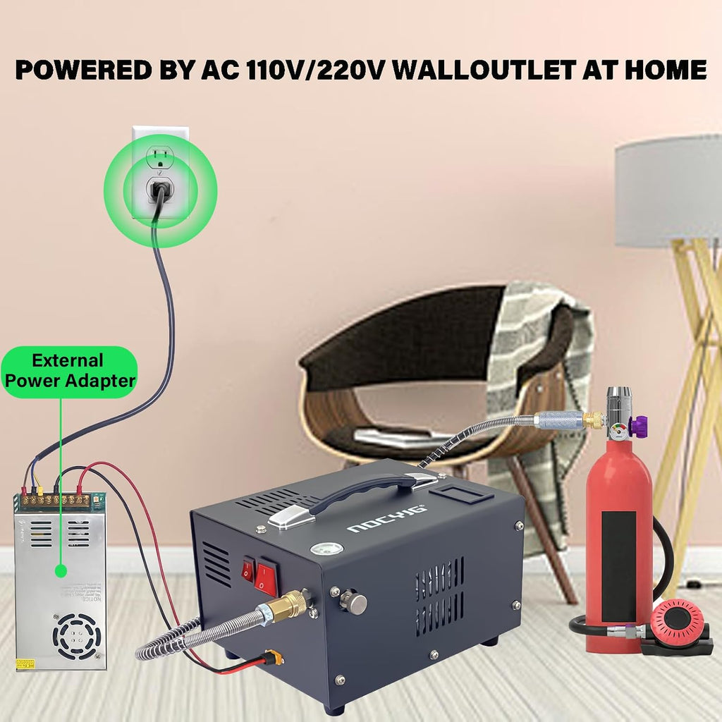 Pcp air compressor 4500PSI Portable Pcp Compressor 12V Dc/110V Ac Pcp Airgun Compressor Manual-stop w/External Power Adapter Built-in Fan Suitable for Paintball Air Rifle Scuba Bottle