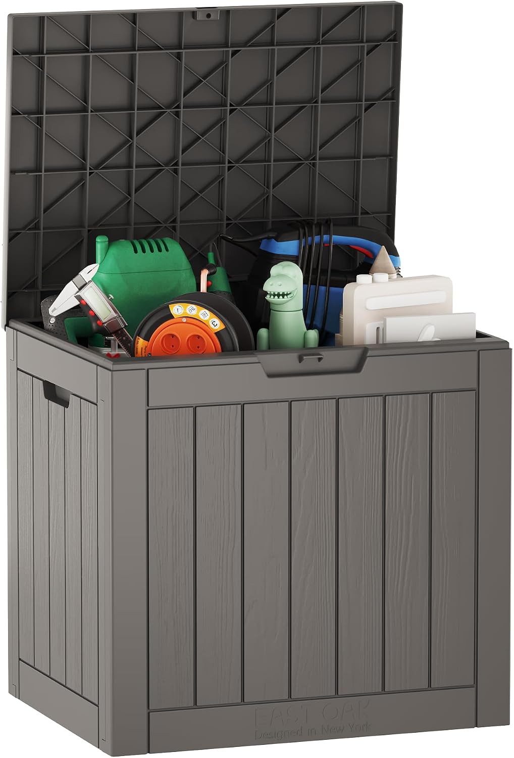 Suncast 130 Gallon Backyard Storage Shed Bundle with 31 Gallon East Oak Waterproof Deck Box for Outdoor Storage