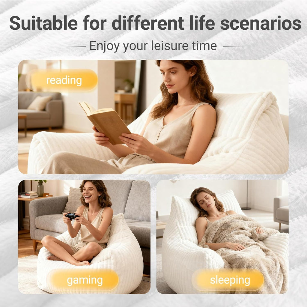 Fuzzy Bean Bag Chairs for Adults with Armrests & Back Support, Oversized Fireside Chair Alternative, Plush Floor Sofa Bed for Living Room, Bedroom, Dorm, Lounge, Gaming White