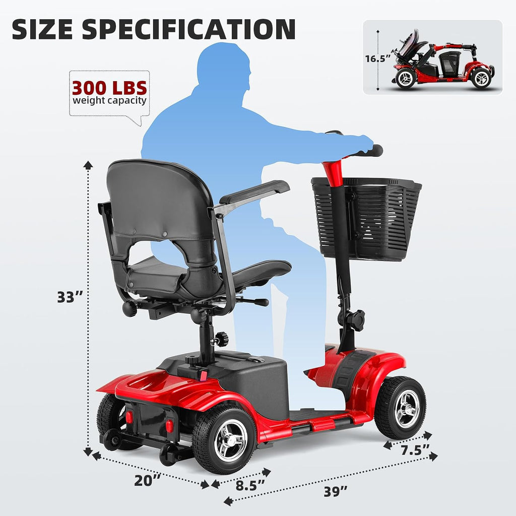 Mobility Scooter for Adults, Senior, 4 Wheels Electric Powered Chargeable Device for Travel, Lightweight and Portable, with LED Headlights and Basket, Charger Included, Red/Blue (RED red)