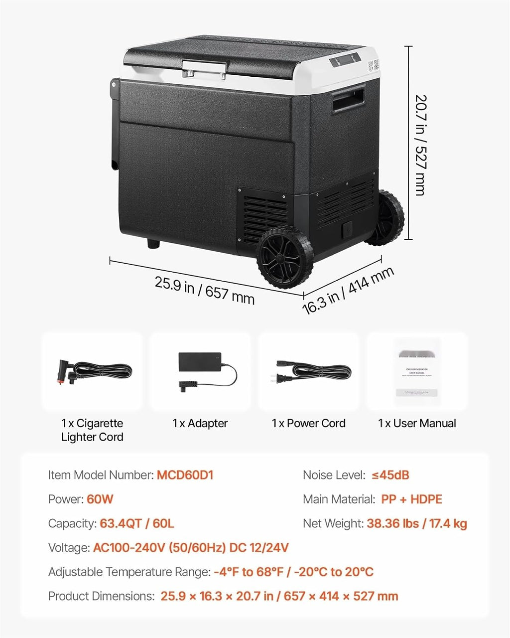 12 Volt Car Refrigerator 63.4QT, Portable Fridge Freezer, -4°F~68°F, 12/24V DC & 110-240V, Compressor Cooler for Camping, RV, Travel with Wheels