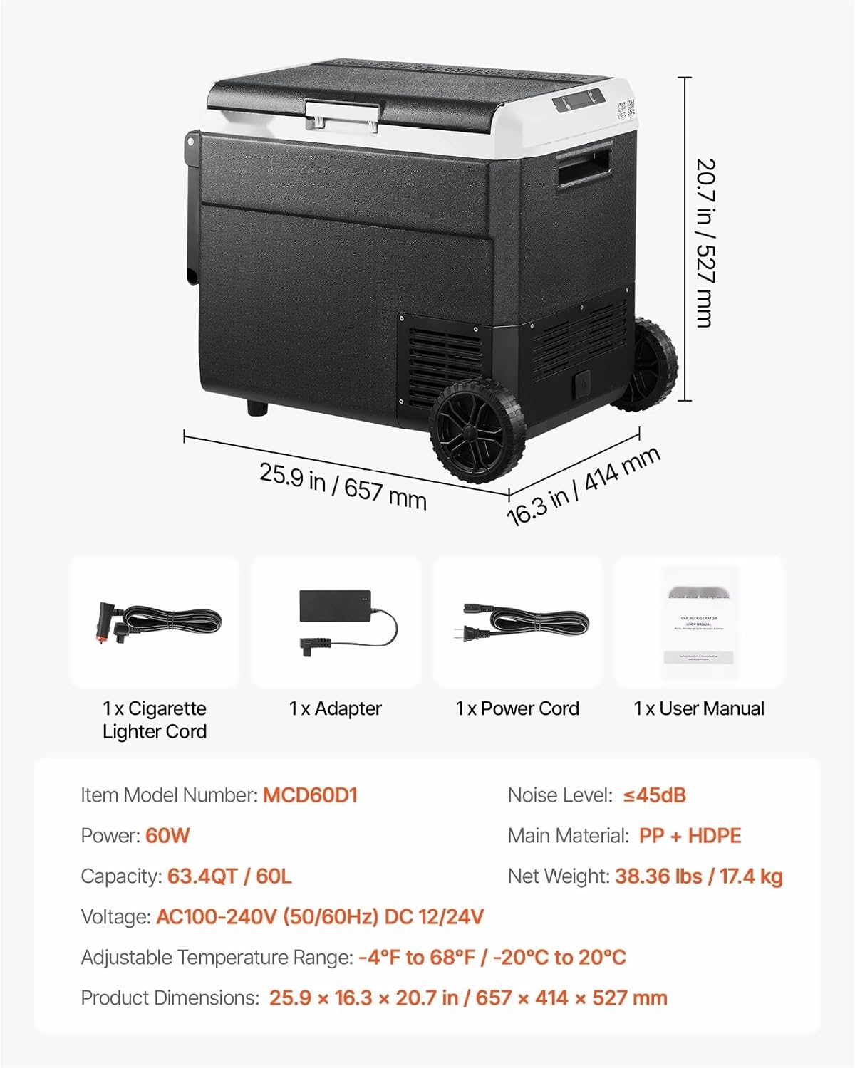 12 Volt Car Refrigerator 63.4QT, Portable Fridge Freezer, -4°F~68°F, 12/24V DC & 110-240V, Compressor Cooler for Camping, RV, Travel with Wheels