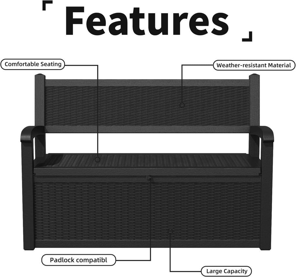70 Gallon Storage Bench Deck Box Resin Patio Furniture with Armrest, Waterproof and UV Resistant Lockable for Patio Furniture, Garden Decor and Outdoor Seating for Cushions, Garden Tools,Black
