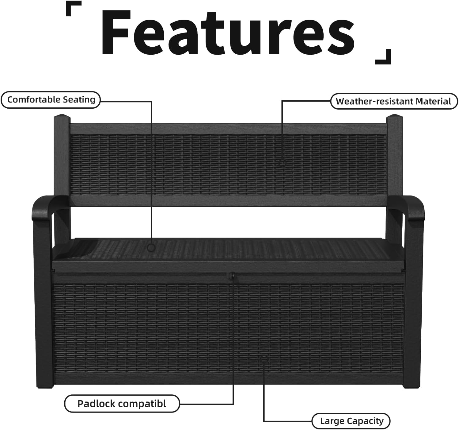 70 Gallon Storage Bench Deck Box Resin Patio Furniture with Armrest, Waterproof and UV Resistant Lockable for Patio Furniture, Garden Decor and Outdoor Seating for Cushions, Garden Tools,Black
