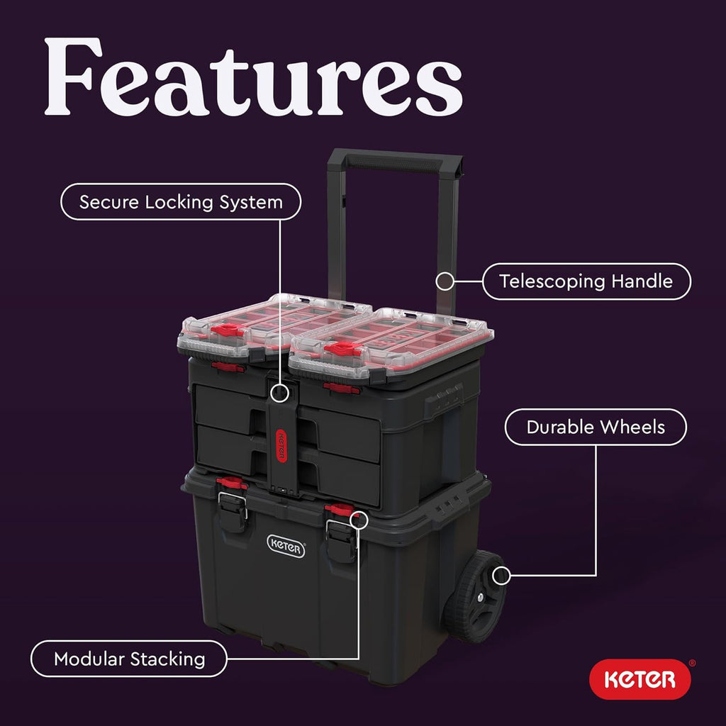 Stack N' Roll 4-Piece Rolling Tool Storage System – Includes Large Rolling Tool Box, 2-Drawer Tool Box & 2 Tray Organizers | Modular Stackable Tool Storage with Wheels for Garage & Workshop
