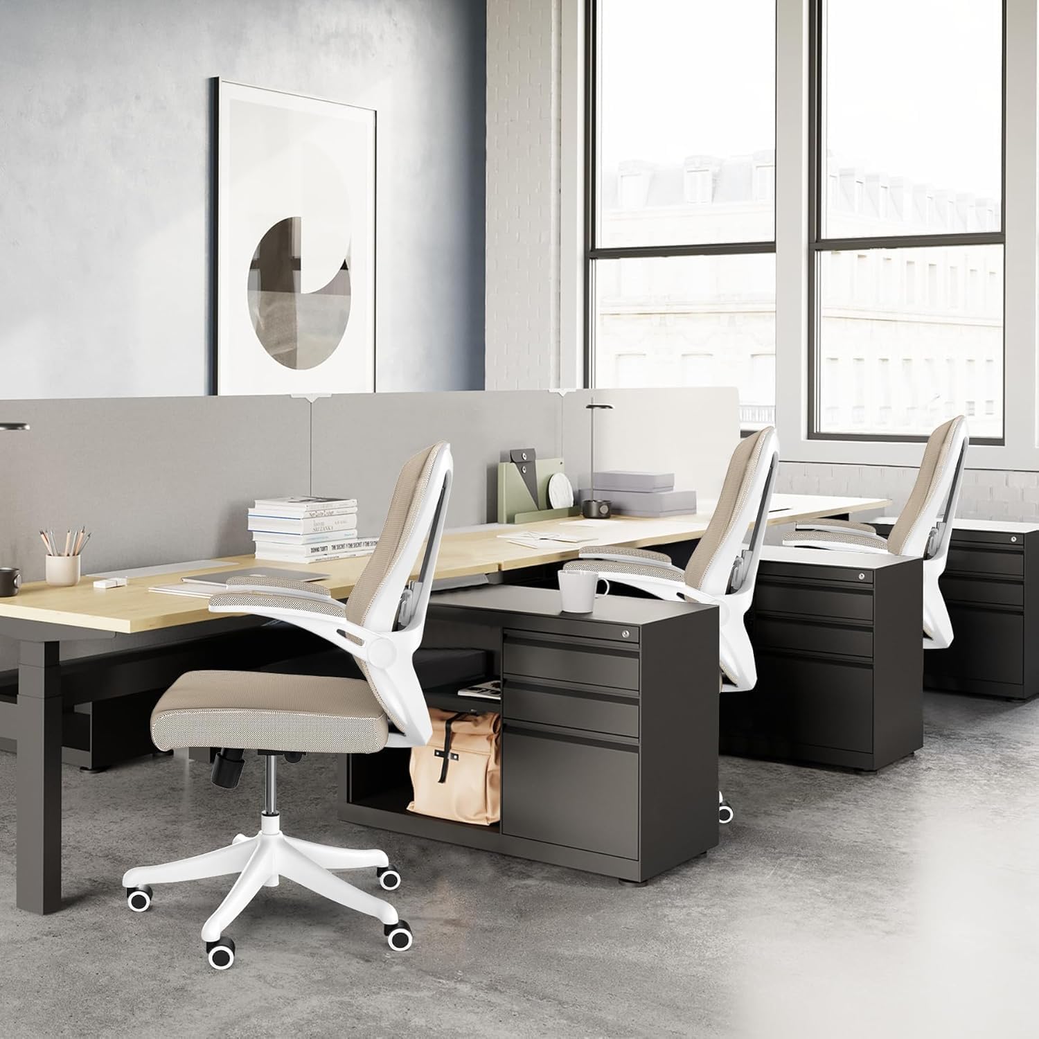 Ergonomic Office Chair with Adjustable Lumbar Support & Flip-Up Armrests - High Back Computer Desk Chair with Thickened Seat Cushion, Rolling Wheels for Home/Office Study Work (08khaki)