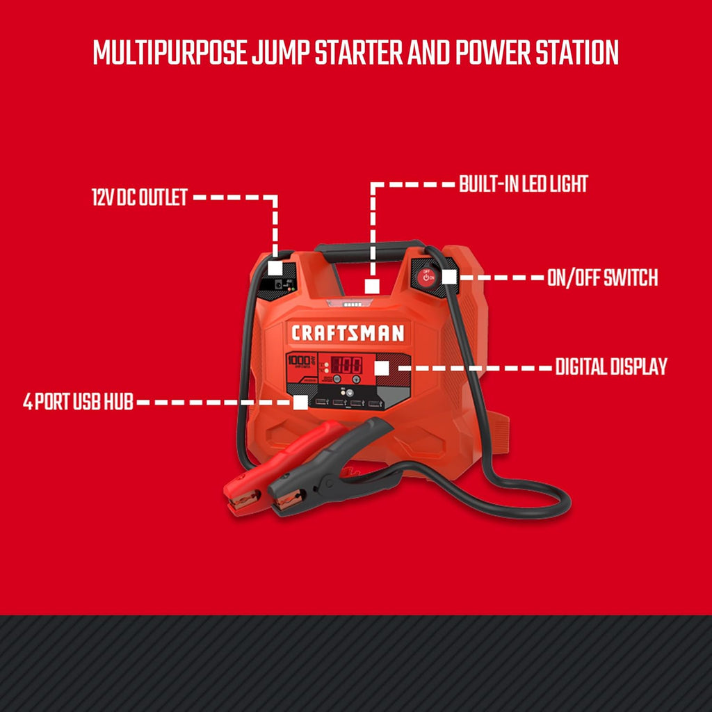 CRAFTSMAN 1000A Car Battery Jump Starter and Portable Power Station, 3-in-1 Solution, 12V DC and 2.4A USB Charging, for 12V Automotive, Marine, and Power Sport Batteries, CMXCESM281