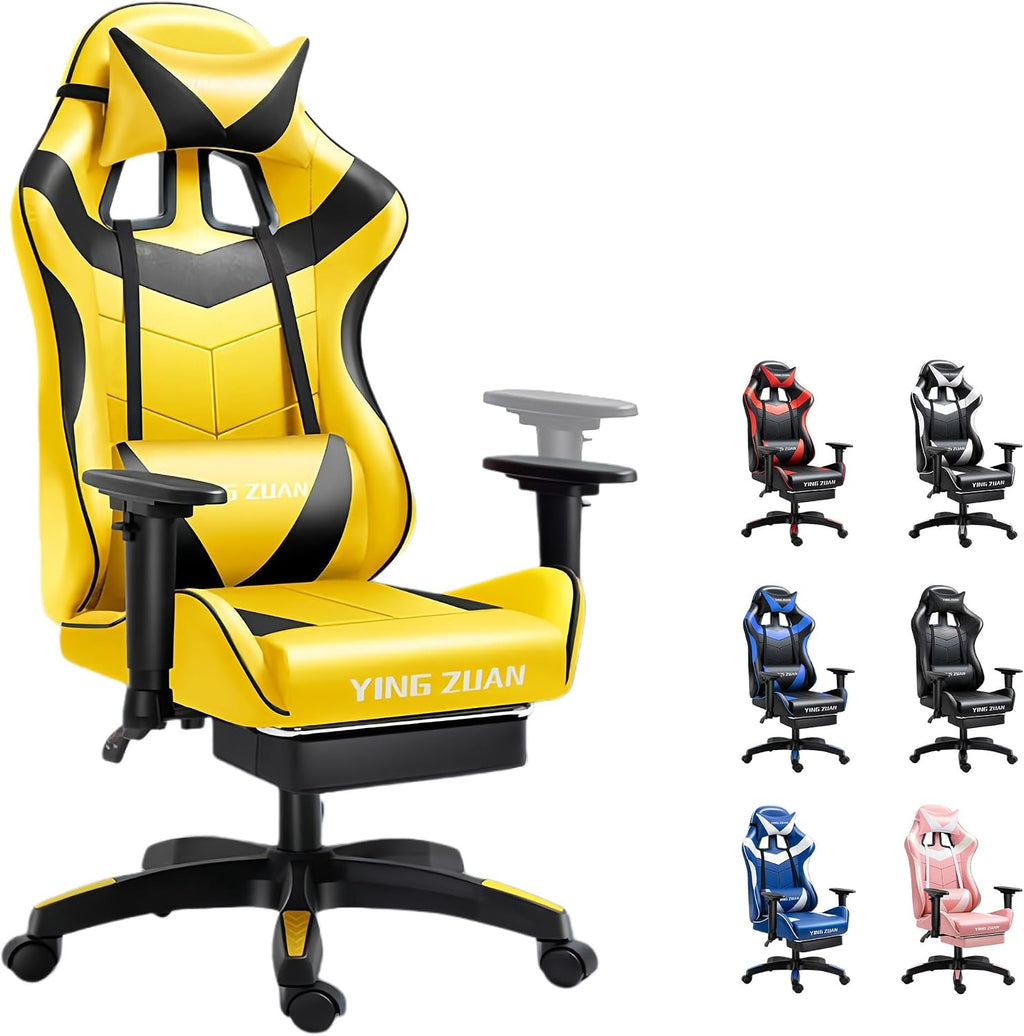 Ergonomic Gaming Chair with Latex Seat, High Back Computer Office Chair with Speakers & Massage Lumbar Support, 3D Adjustable Armrests, Retractable Footrest, 138° Reclining for Adults(Yellow)