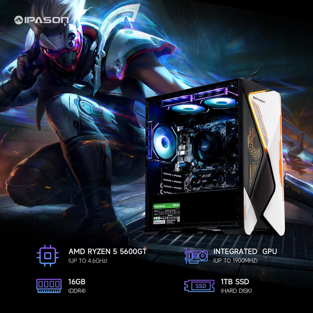 IPASON Gaming Desktop AMD Ryzen 5 5600GT (Beats Intel 10th-gen i7 & Lower) AMD Radeon Vega 7 16GB DDR4 3200MHz 1TB M.2 NVMe 550W PSU Windows 11 Home Prebuilt Gaming PC New Computers White & Black