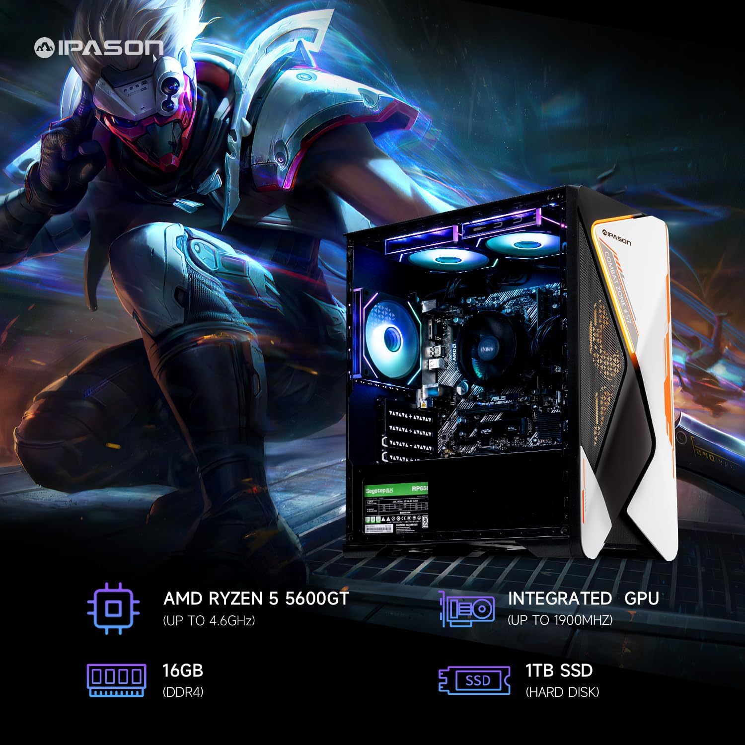 IPASON Gaming Desktop AMD Ryzen 5 5600GT (Beats Intel 10th-gen i7 & Lower) AMD Radeon Vega 7 16GB DDR4 3200MHz 1TB M.2 NVMe 550W PSU Windows 11 Home Prebuilt Gaming PC New Computers White & Black