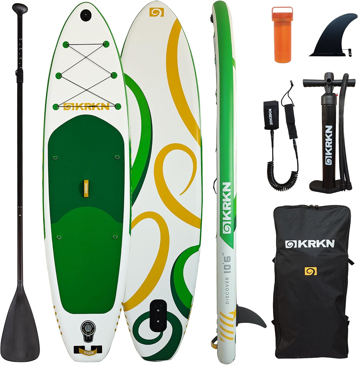KRKN Discover 10'6' Stand Up Paddle Board, Inflatable SUP with Premium Accessories, Non-Slip Deck, Adjustable Paddle, Camera Seat & Backpack for All Skill Levels