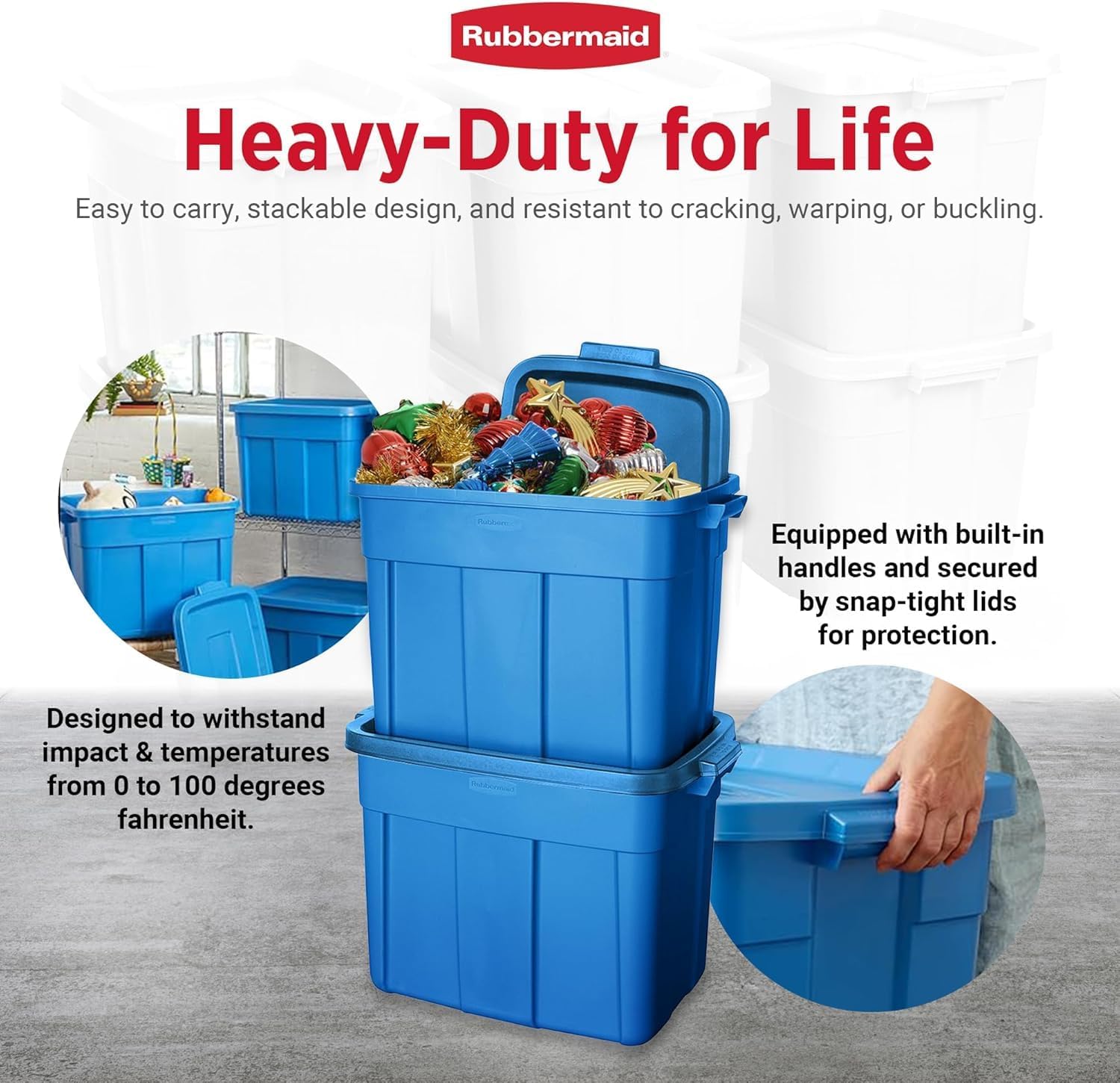 Rubbermaid Roughneck Tote 18 Gal, 10 Pack, Made in USA, Heritage Blue, Rugged Plastic Stackable Storage Bins with Lids and Handles