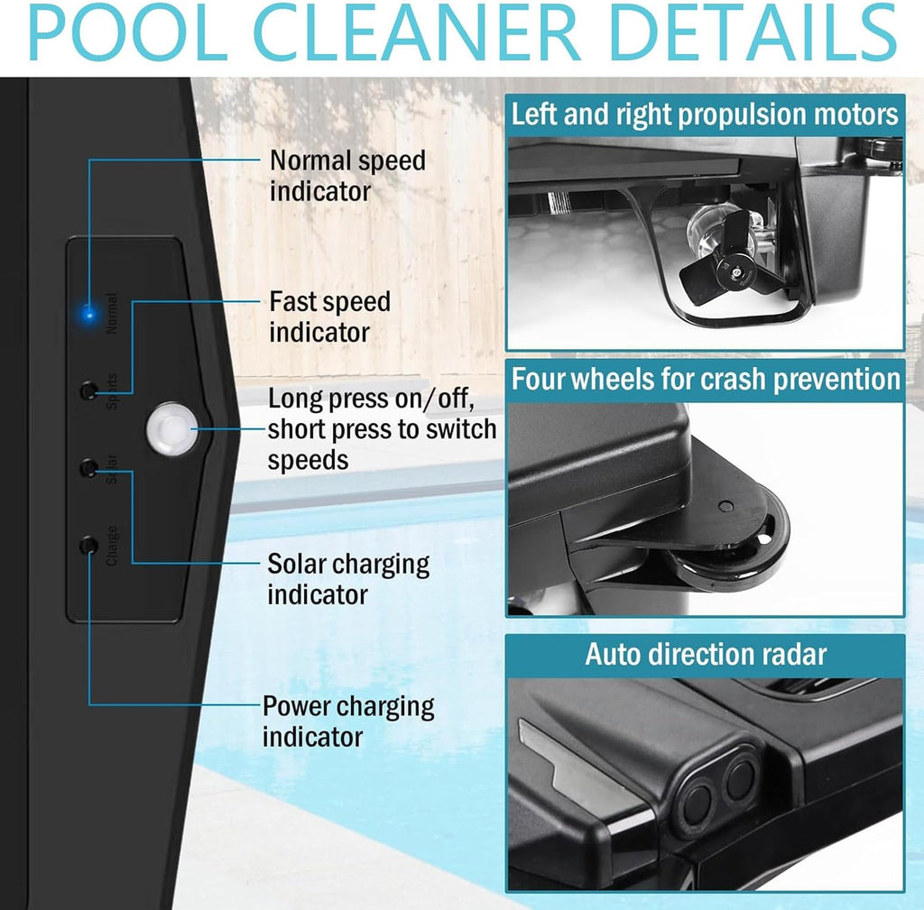 Pool Cleaner Robot with Solar and Rechargeable Dual Mode, Cordless Robotic Pool Cleaner, Smart Pool Skimmer Basket, with Auto-Escape and Auto-Turn