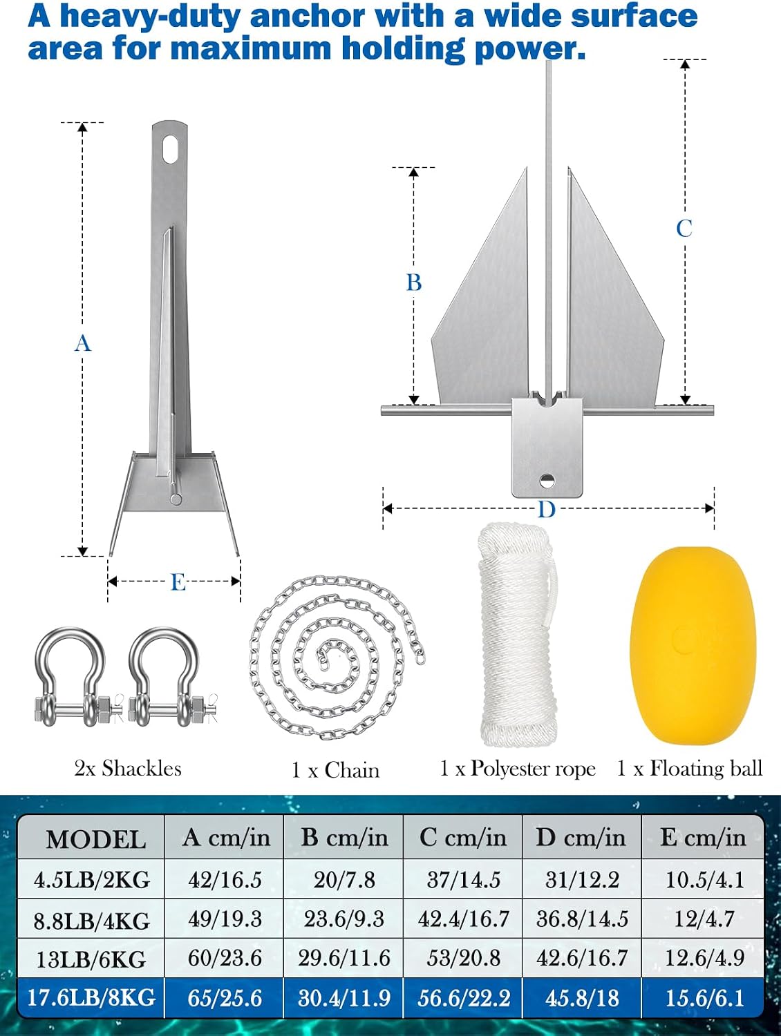 Boat Anchor Kit, 4 Sizes Fluke Anchor with Float, Chain, Rope, Hot-Dipped Galvanized Steel Anchor for Watercraft Up to 38FT