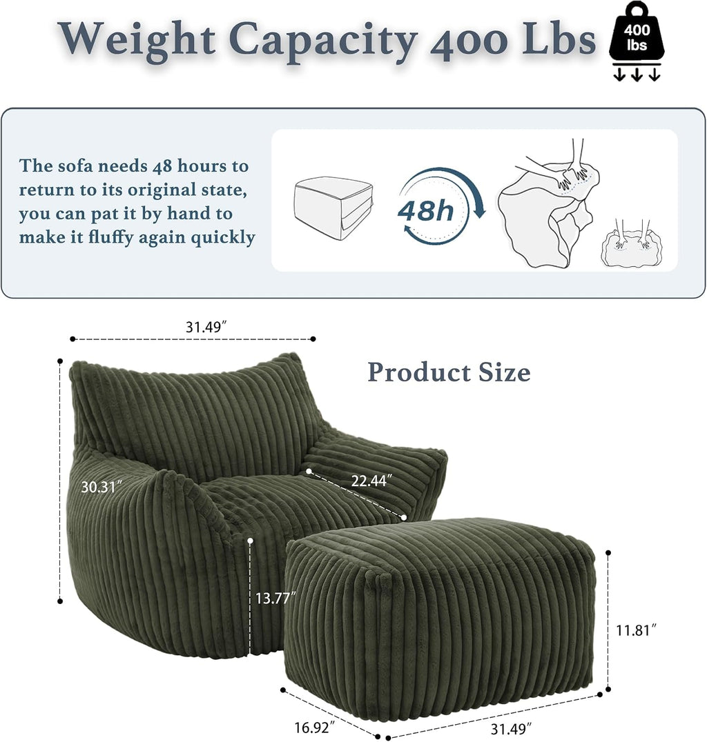 Gericco Oversized Bean Bag Chaise Lounge Chair Indoor for Adults with Armrests & Ottoman - Giant Comfy Green Beanbag Lazy Floor Sofa Cloud Accent Chair for Reading, Gaming, Cozy Plush Cloud Mini Couch