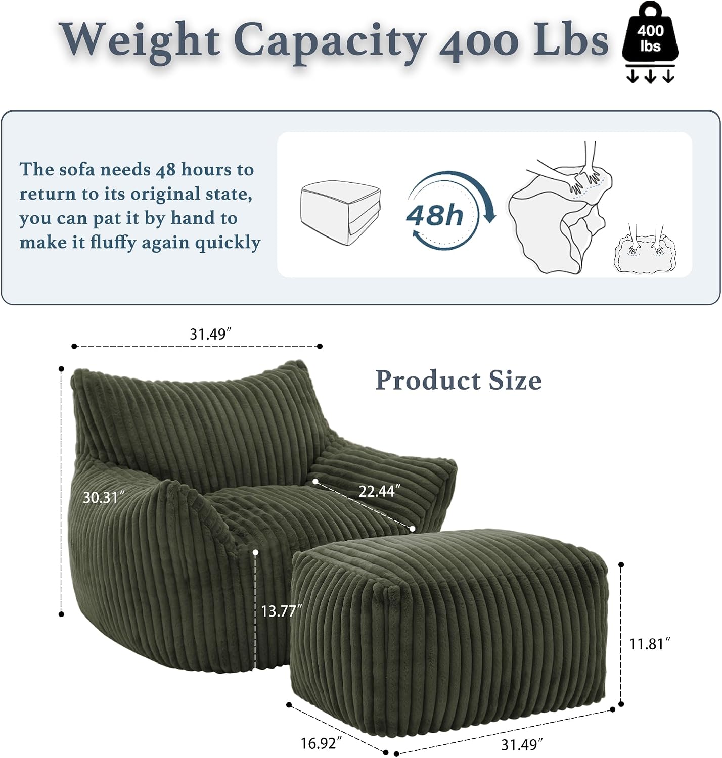 Gericco Oversized Bean Bag Chaise Lounge Chair Indoor for Adults with Armrests & Ottoman - Giant Comfy Green Beanbag Lazy Floor Sofa Cloud Accent Chair for Reading, Gaming, Cozy Plush Cloud Mini Couch