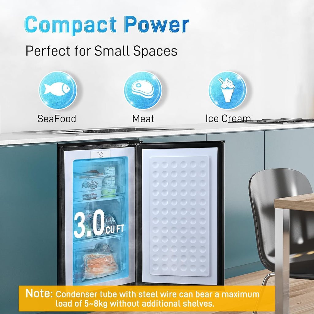 Anypro Compact Mini Upright Freezer 3 Cu.Ft with 3 Pull-down Drawer Doors and Adjustable Thermostat, Single Door Small Deep Standing Freezer Rapid Cooling for Home, Office, Dorm, Garage, Silver