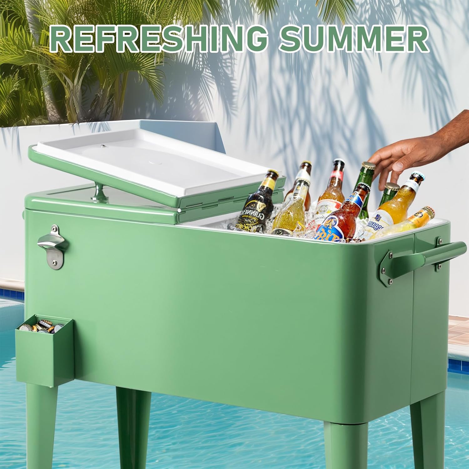 Outvita 80 Quart Rolling Ice Chest, Portable Bar Drink Cooler with Catch Basin, Bottom Storage Tray and Bottle Opener for Patio Party BBQ Beach Activities