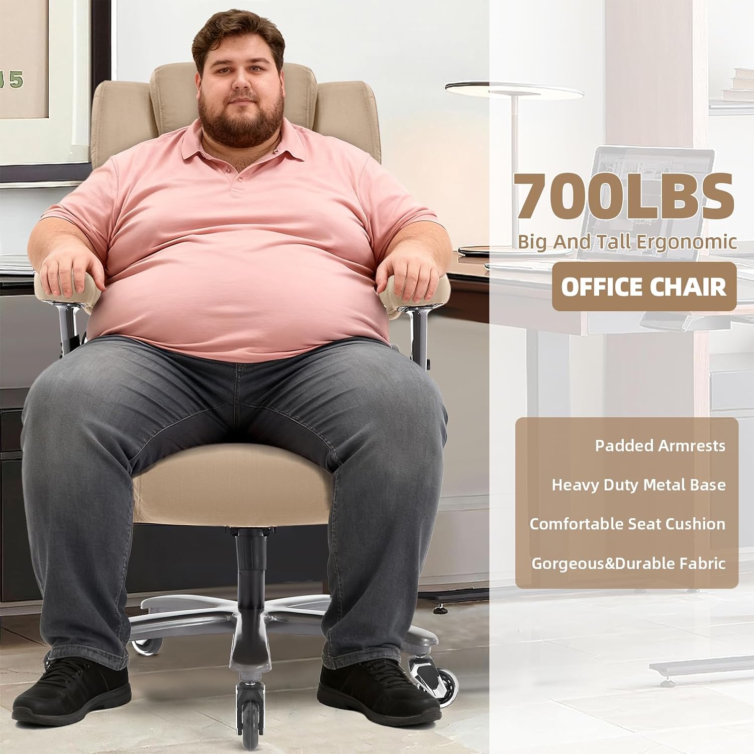 VUZI 700LBS Large Heavy Duty Office Chair with 3D Flip Arms, Big and Tall Plus Size Fabric Executive Desk Chairs, High Back Extra Wide Computer Chair with Adjustable Lumbar Support, Sturdy Metal Base