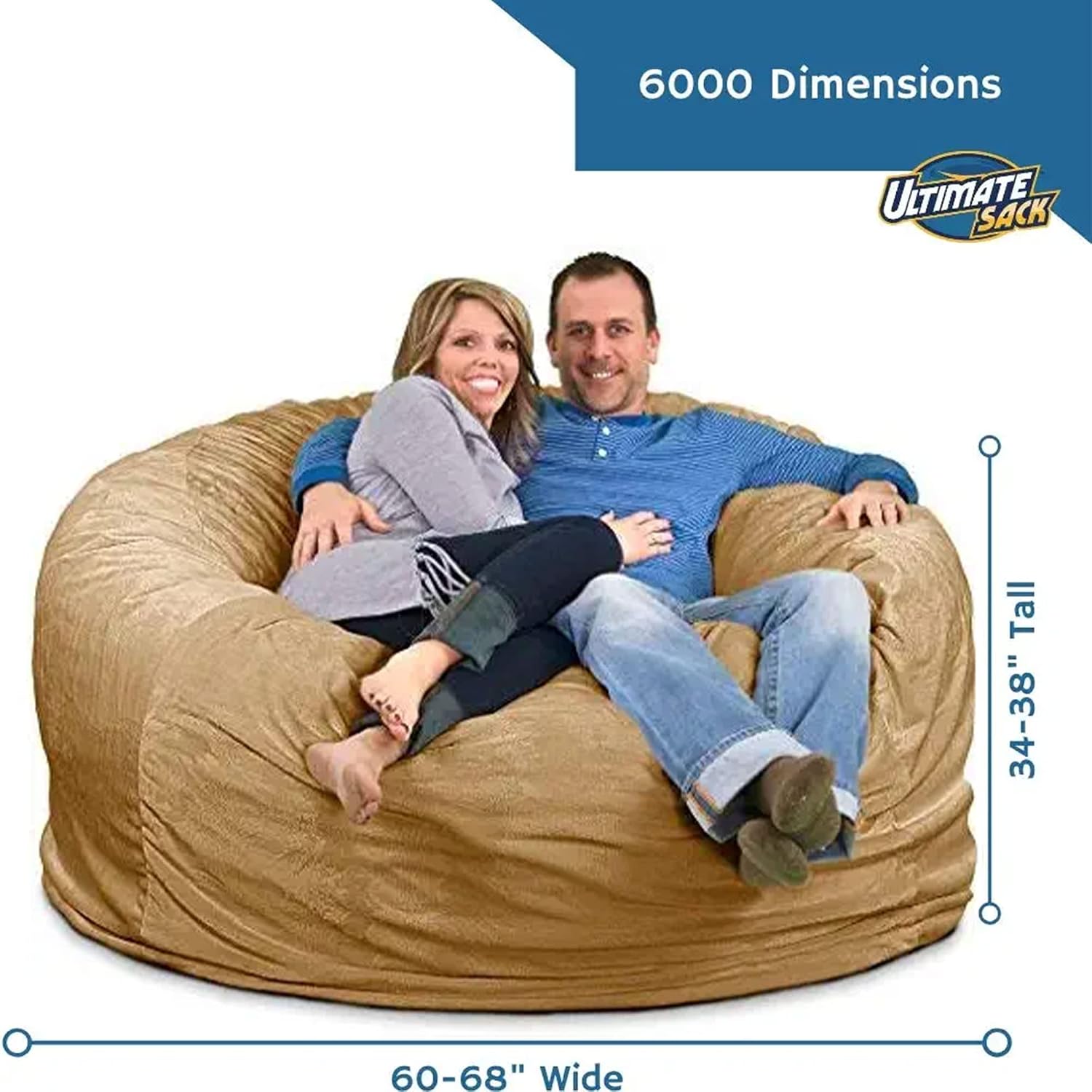ULTIMATE SACK 6000 6-Foot Bean Bag Chair, Camel Suede Cover – Oversized Foam Lounger, Floor Seat, Small Sofa, or Couch Bed for Living Area, Gaming Room, or Reading Lounge