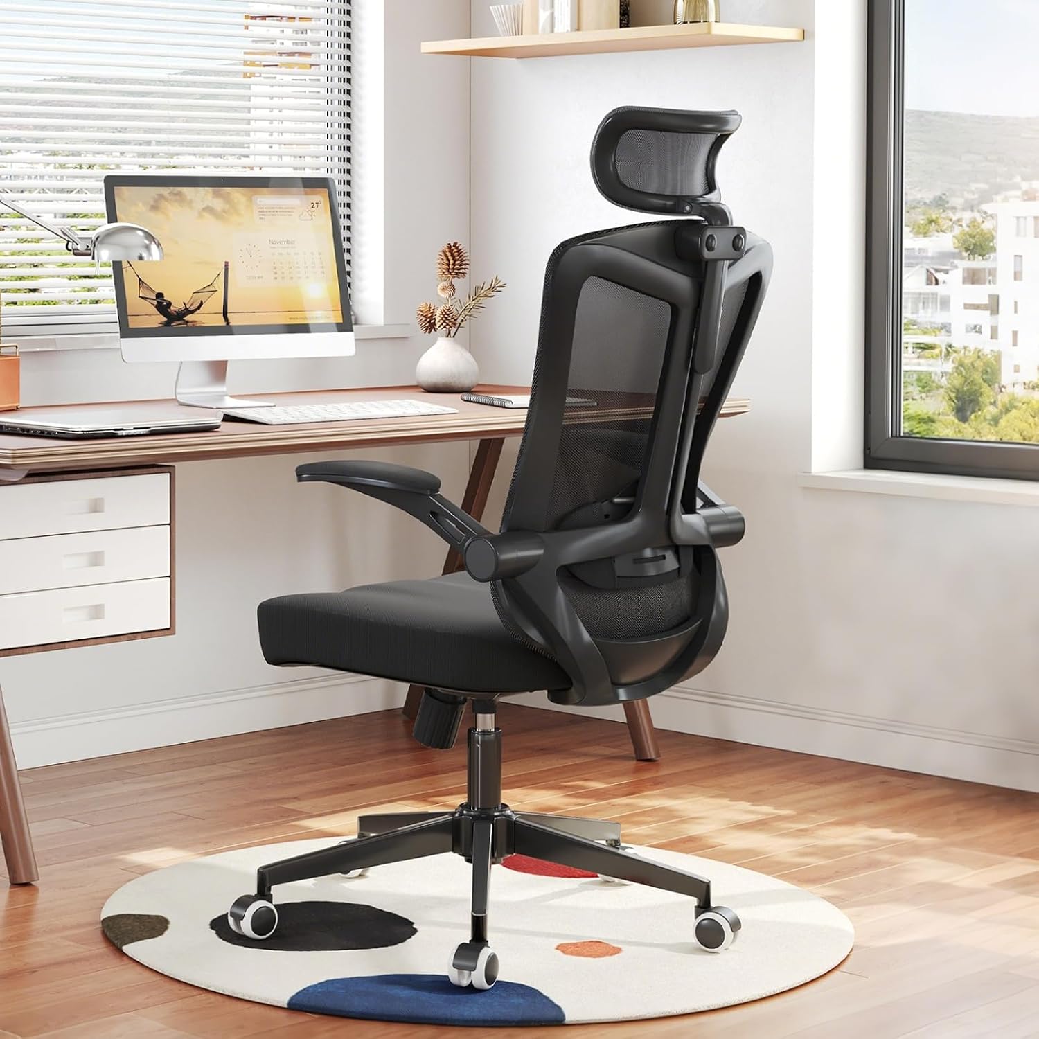 300 LBS Ergonomic Office Computer Mesh Chair - Adjustable Height Rolling Desk Chair with Flip-Up Armrests & High Back Support - Comfortable Swivel Task Chair for Home Office