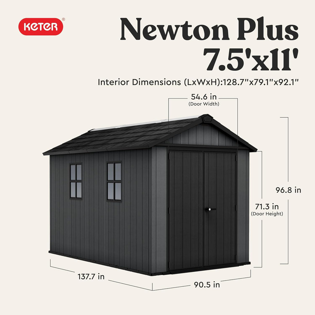Keter Newton Plus 7.5x11 Ft All-Weather Storage Shed with Skylight, Window, Built-in Ventilation, Customizable Walls, & Lockable Double Doors, Graphite