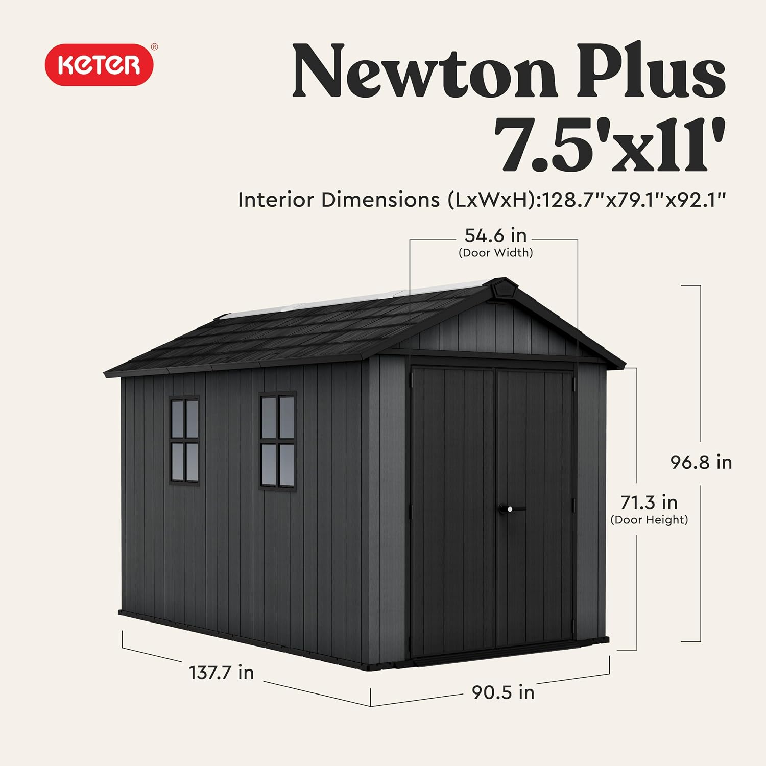 Keter Newton Plus 7.5x11 Ft All-Weather Storage Shed with Skylight, Window, Built-in Ventilation, Customizable Walls, & Lockable Double Doors, Graphite