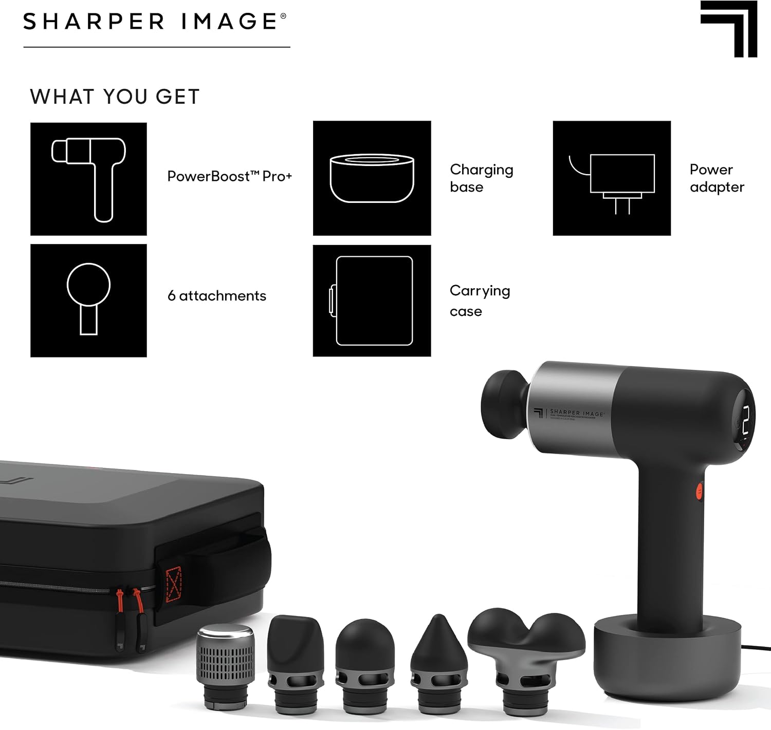Sharper Image Deep Tissue Percussion Massage Gun, Powerboost Pro+ Hot & Cold Rechargeable Handheld Massager, 6 Adjustable Speeds, 6 Attachment Heads & Carrying Case, Muscle Pain Relief, Black