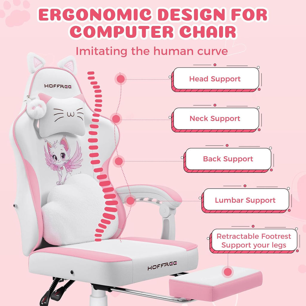 HOFFREE Pink Gaming Chair with Cat Ears and Cloud Massage Lumbar Ergonomic Cute Computer Chair for Girls with Footrest Comfortable Reclining Game Chairs for Adults Pink and White